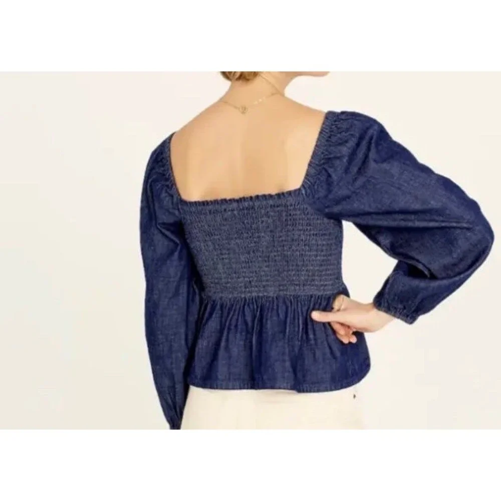 J Crew puff sleeve chambray smocked preppy top large